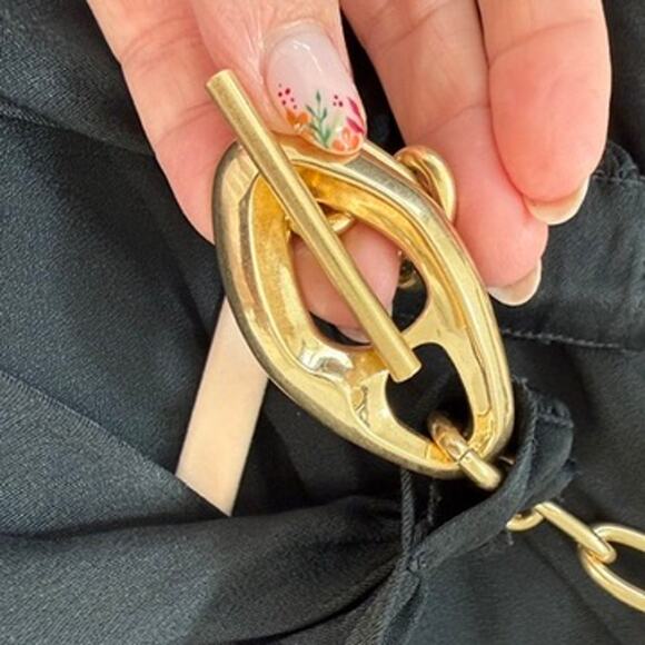 JONATHAN SIMKHAI Gold Chain Neck Black Long Sleeve Blouse Size L Luxury Glam - Picture 5 of 9